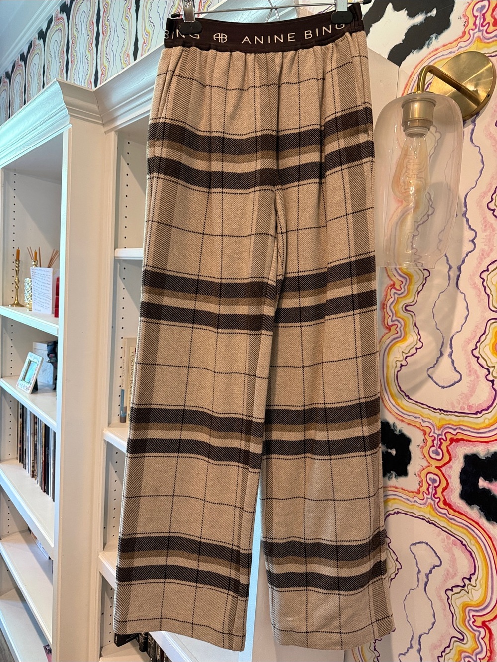 Anine Bing Beige & Brown Plaid Wide-Leg Knit Pants